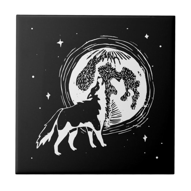 Black & White Howling Husky Måne Linocut Kakelplatta (Framsidan)