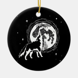 Black & White Howling Husky Måne Linocut Mönster Julgransprydnad Keramik