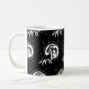 Black & White Howling Husky Måne Linocut Mönster Kaffemugg