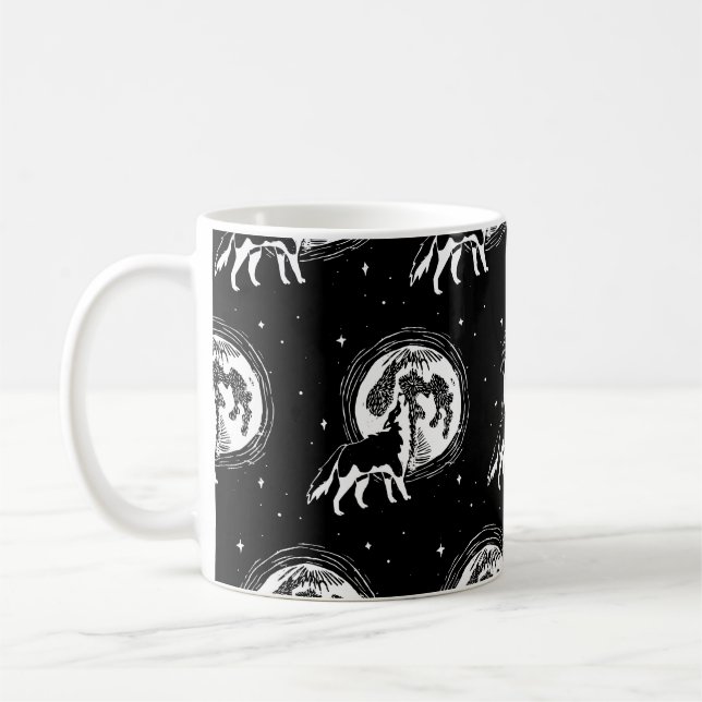 Black & White Howling Husky Måne Linocut Mönster Kaffemugg (Vänster)