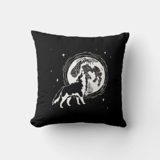 Black & White Howling Husky Måne Linocut Mönster Kudde