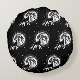 Black & White Howling Husky Måne Linocut Mönster Rund Kudde