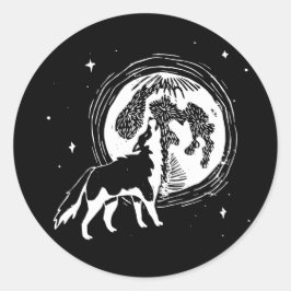 Black & White Howling Husky Måne Linocut Runt Klistermärke