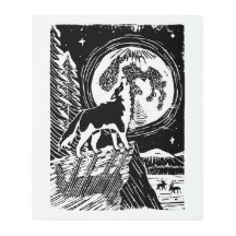 Black & White Howling Husky på Night Linocut