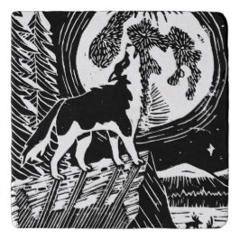 Black & White Howling Husky på Night Linocut