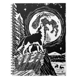 Black & White Howling Husky på Night Linocut Anteckningsbok