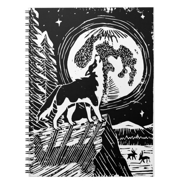Black & White Howling Husky på Night Linocut Anteckningsbok (Framsidan)