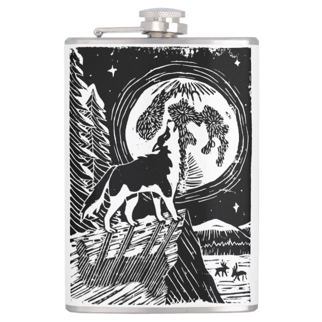 Black & White Howling Husky på Night Linocut Fickplunta (Framsidan)