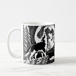 Black & White Howling Husky på Night Linocut Kaffemugg