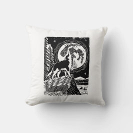 Black & White Howling Husky på Night Linocut Kudde