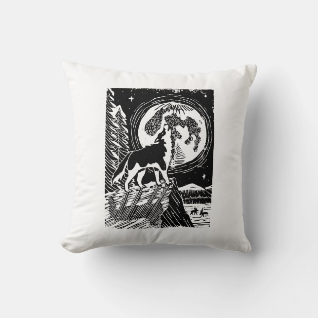 Black & White Howling Husky på Night Linocut Kudde (Framsida)