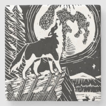 Black & White Howling Husky på Night Linocut