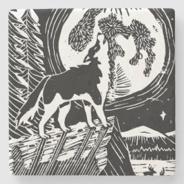Black & White Howling Husky på Night Linocut Stenunderlägg