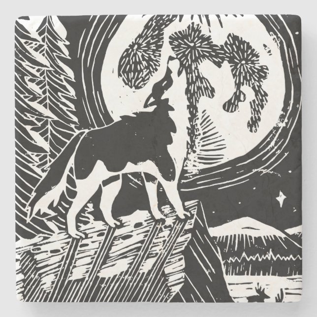 Black & White Howling Husky på Night Linocut Stenunderlägg (Framsidan)