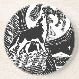 Black & White Howling Husky på Night Linocut Underlägg