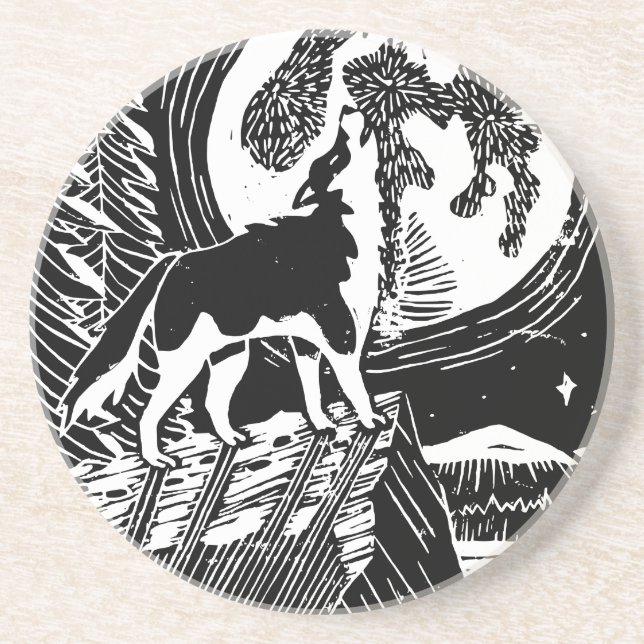 Black & White Howling Husky på Night Linocut Underlägg (Framsidan)