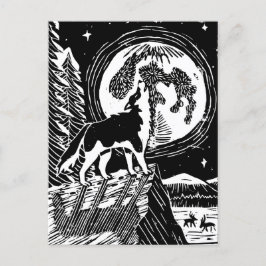 Black & White Howling Husky på Night Linocut Vykort