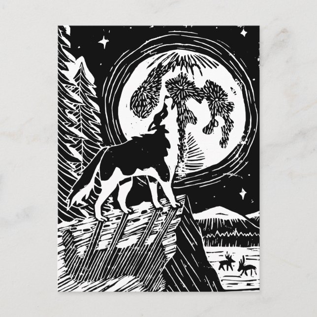 Black & White Howling Husky på Night Linocut Vykort (Framsida)