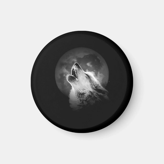 Black & White Howling Varg & Måne Magnet (Framsidan)
