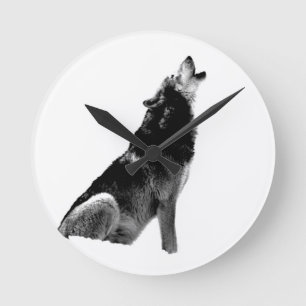 Black White Howling Varg Rund Klocka