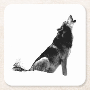 Black White Howling Varg Underlägg Papper Kvadrat