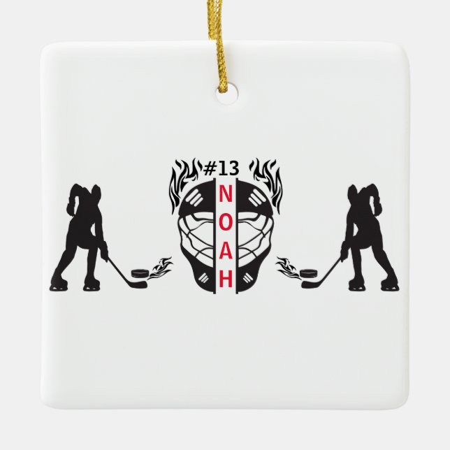 Black & White Ice Hockey Goal Keeper Julgransprydnad Keramik (Framsida)