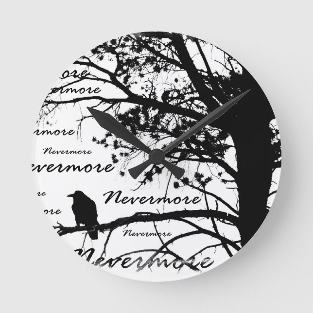 Black & White Ickmore Raven Silhouette Rund Klocka (Framsida)