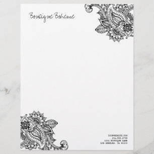 Black & White Illustrated Bohemian Paisley Henna Brevhuvud