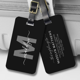Black White Initial Namn Monogram Bagagebricka