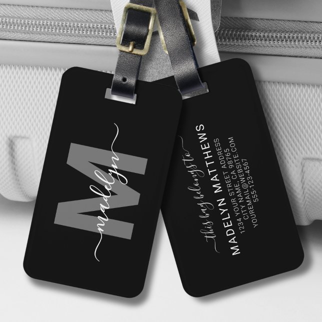 Black White Initial Namn Monogram Bagagebricka (Modern Black White Initial Name Monogram Luggage Tag )