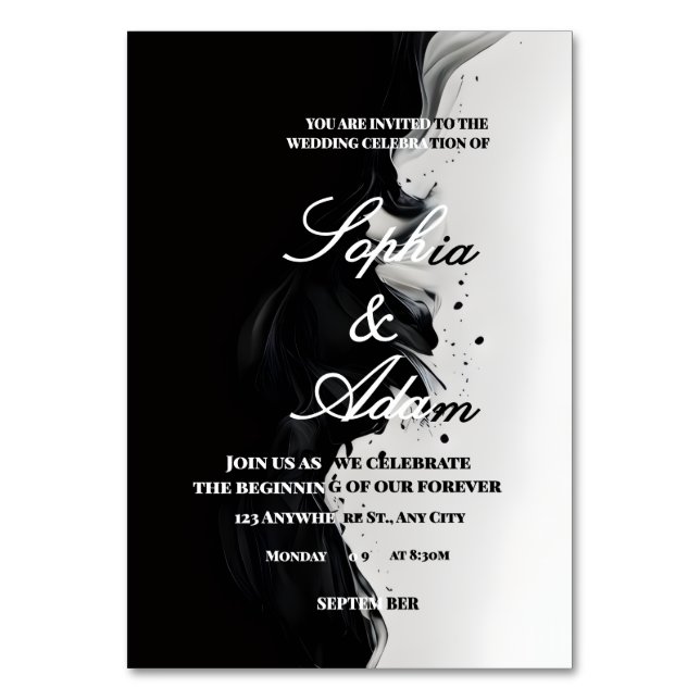 Black & White Ink Art Wedding Invitation Bordsnummer (Framsidan)