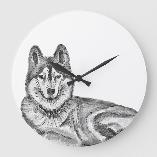 Black & White Ink & Watercolor Siberian Husky Stor Klocka (Framsida)