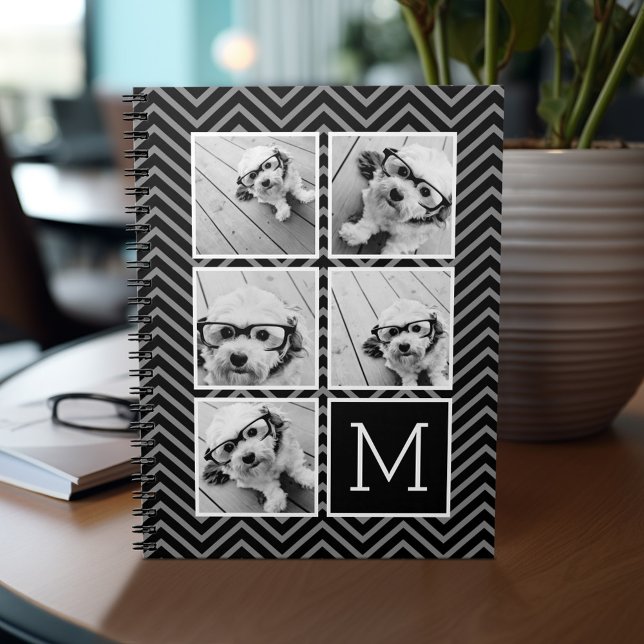 Black White Instagram 5 Photo Collage Monogram Anteckningsbok (Personalized notebook - add photos and custom text)