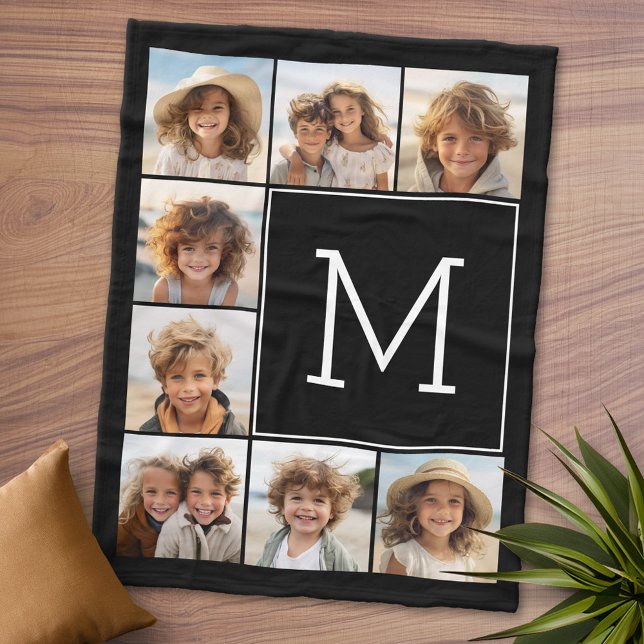 Black White Instagram 8 Photo Collage Monogram Fleecefilt (Personalized Fleece Blanket - Add Photos and Text or Customize completely in advanced design area)
