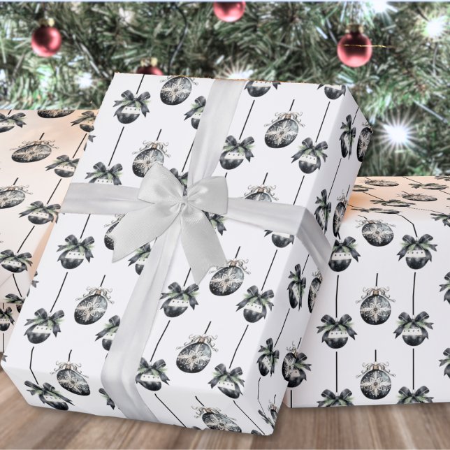 Black White-julprydnad Presentpapper (Black White Christmas Ornament Wrapping Paper)