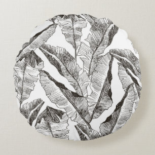 Black White Jungle: Tropical Plant Mönster Rund Kudde