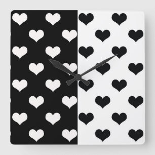 Black White Kärlek Heart Mönster Fyrkantig Klocka