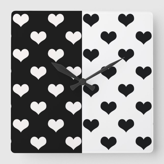 Black White Kärlek Heart Mönster Fyrkantig Klocka (Framsida)