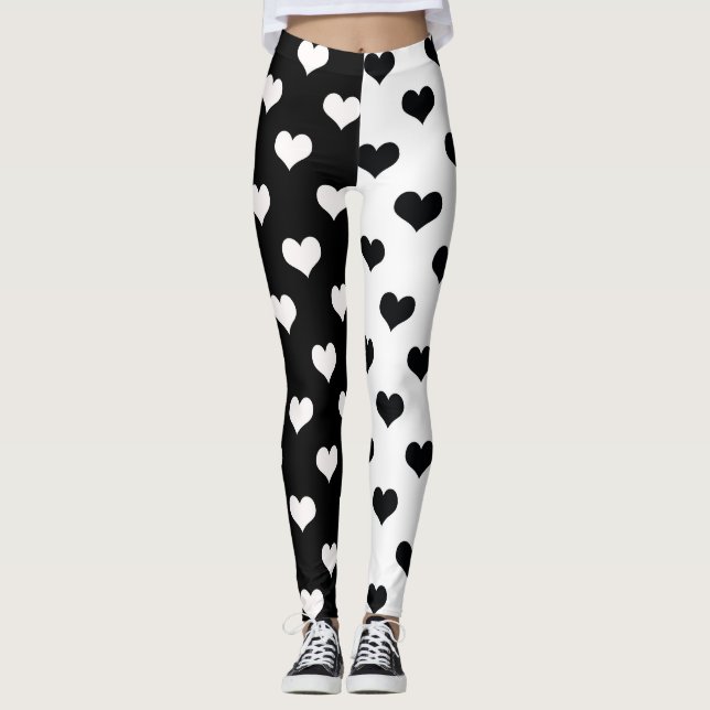 Black White Kärlek Heart Mönster Leggings (Framsida)