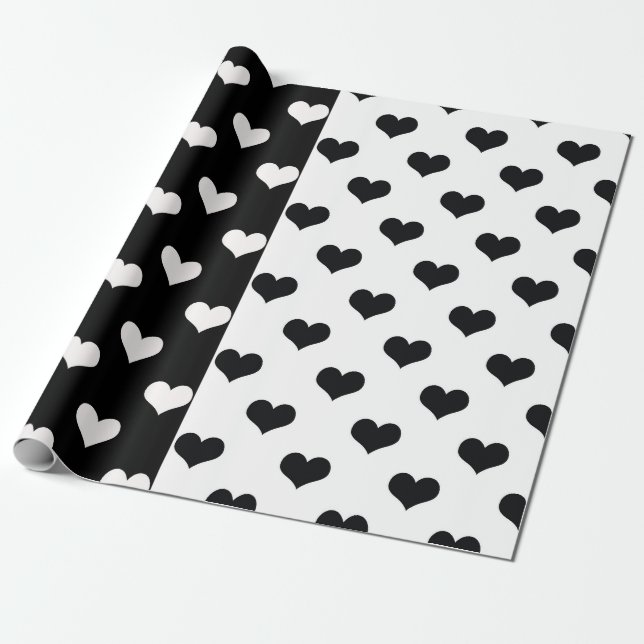 Black White Kärlek Heart Mönster Presentpapper (Utrullad)