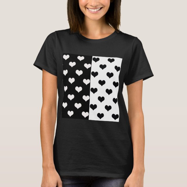 Black White Kärlek Heart Mönster T Shirt (Framsida)