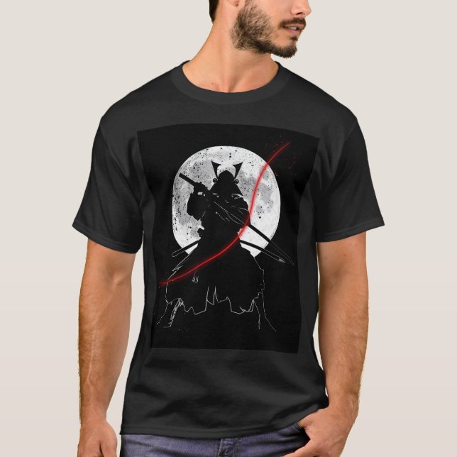 Black & White Katana Moon Art T Shirt (Framsida)