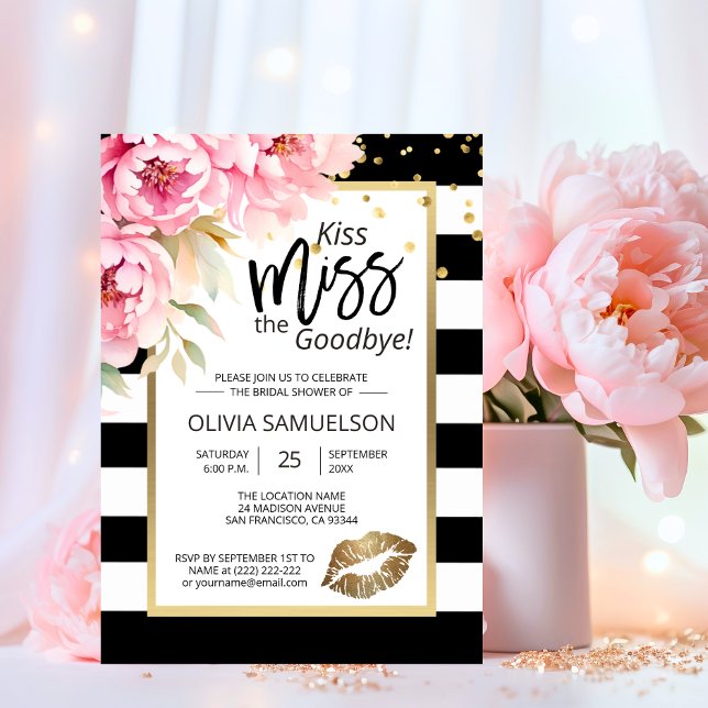 Black White Kiss, Miss Blommigt Möhippa Inbjudningar (Kiss the Miss Goodbye Floral Bridal Shower Invitation)