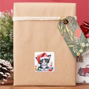 Black White Kitten i Santa Hat God jul Fyrkantigt Klistermärke