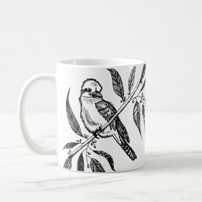 Black & White Kookaburra på Gren Teckning Kaffemugg (Vänster)