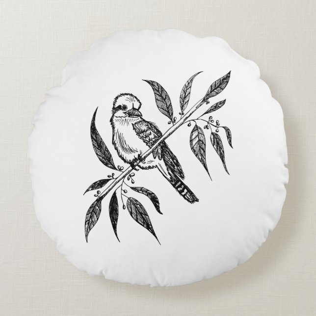 Black & White Kookaburra på Gren Teckning Rund Kudde (Framsidan)