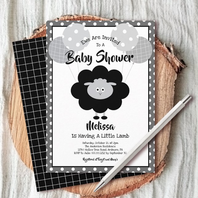 Black White Lamb Baby Shower Cute Simple Modern Inbjudningar (Skapare uppladdad)