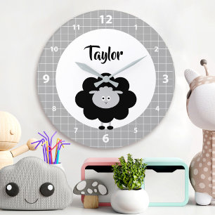 Black White Lamb Kawaii Kid Nursery Script Namn Stor Klocka