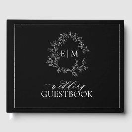 Black White Leafy Vapensköld Monogram Bröllop Gästböcker
