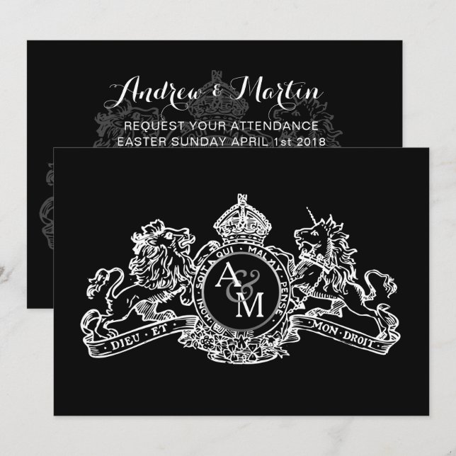 Black White Lejon Unicorn Regal Emblem Bröllop Inbjudningar (Fram/baksida)